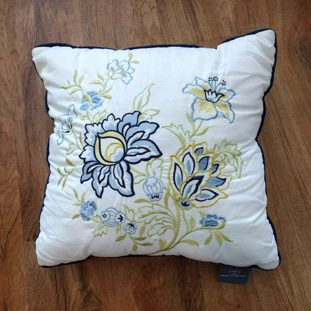Embroidered Throw Pillow, Floral Blue Yellow Flowers, Modern Southern Home
